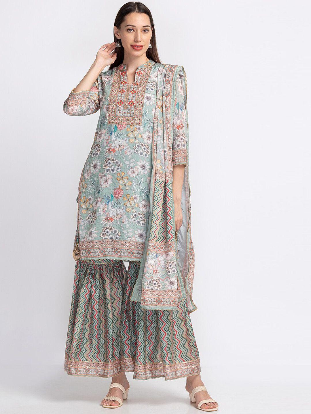 neerus floral embroidered pleated sequinned kurta with sharara & dupatta