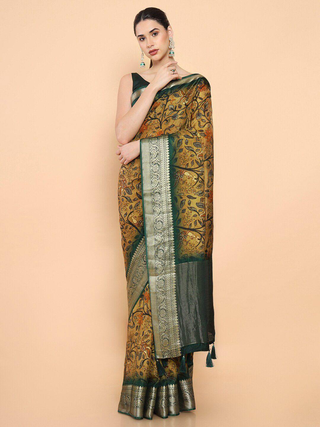 soch mustard & green floral zari pure silk saree