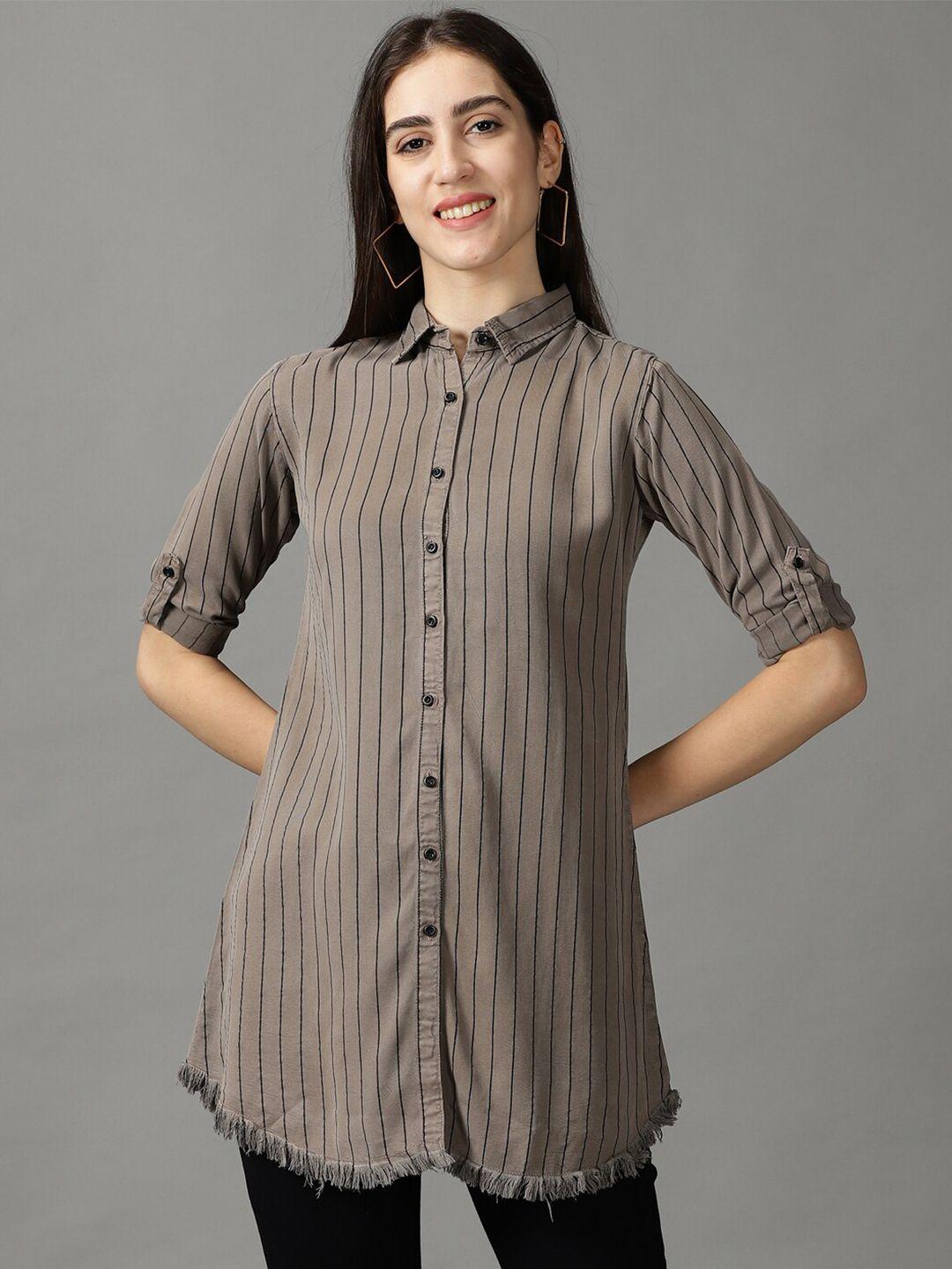 showoff women striped casual longline shirt