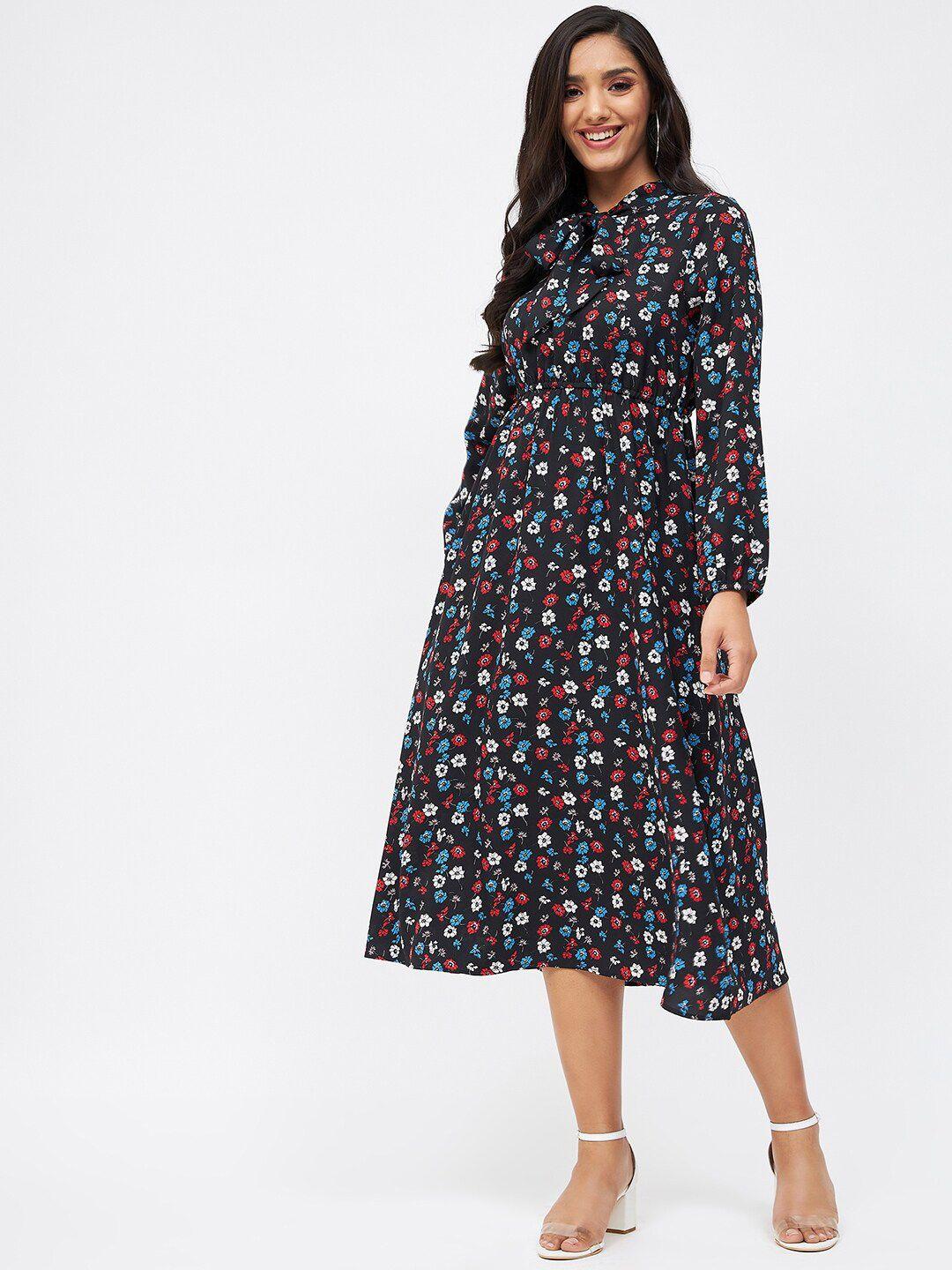 kibo black floral printed tie-up neck midi dress