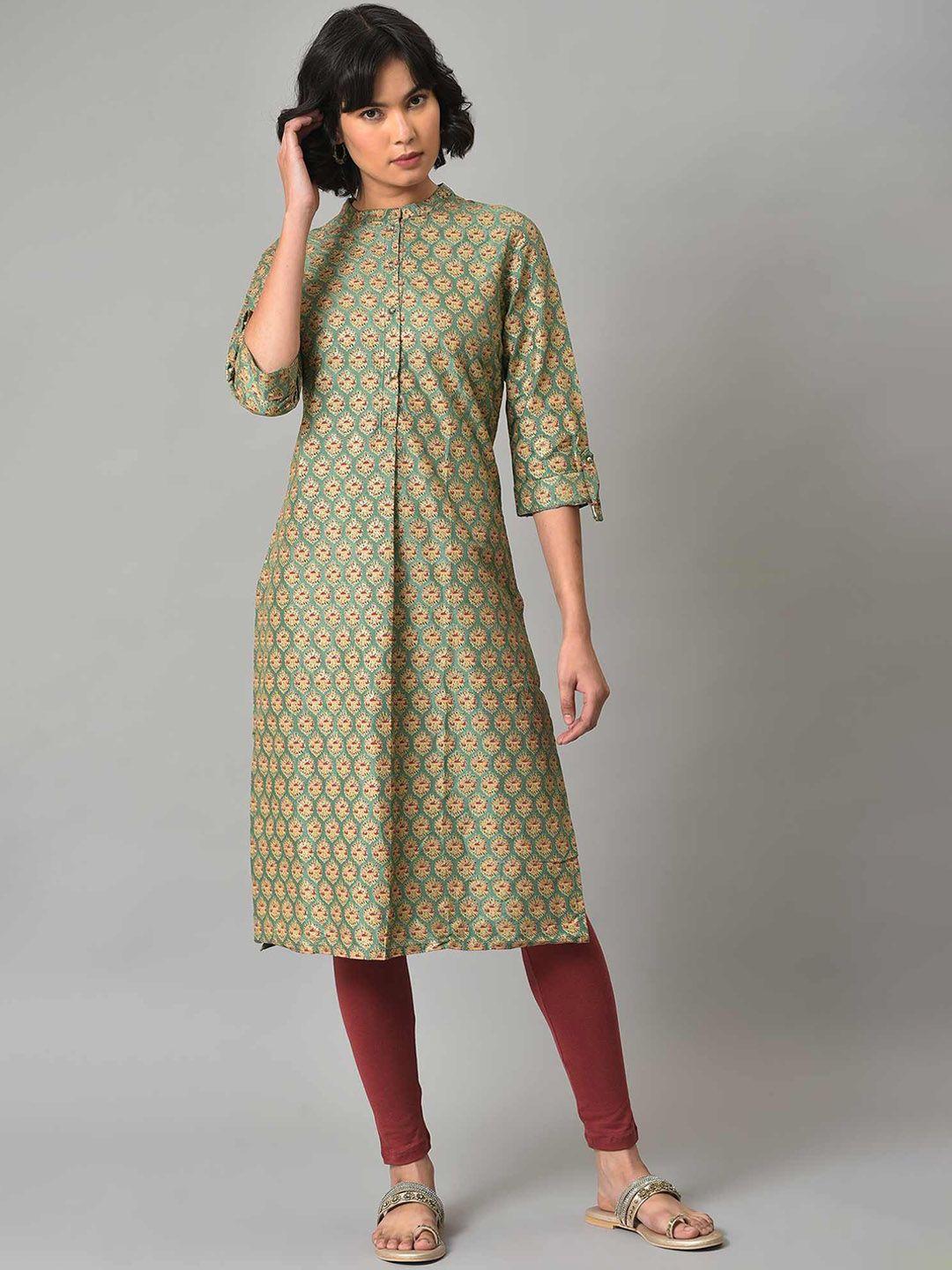 w ethnic motifs printed band collar kurta with leggings