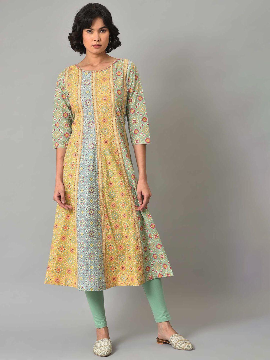 w geometric printed round neck pure cotton kurta with leggings