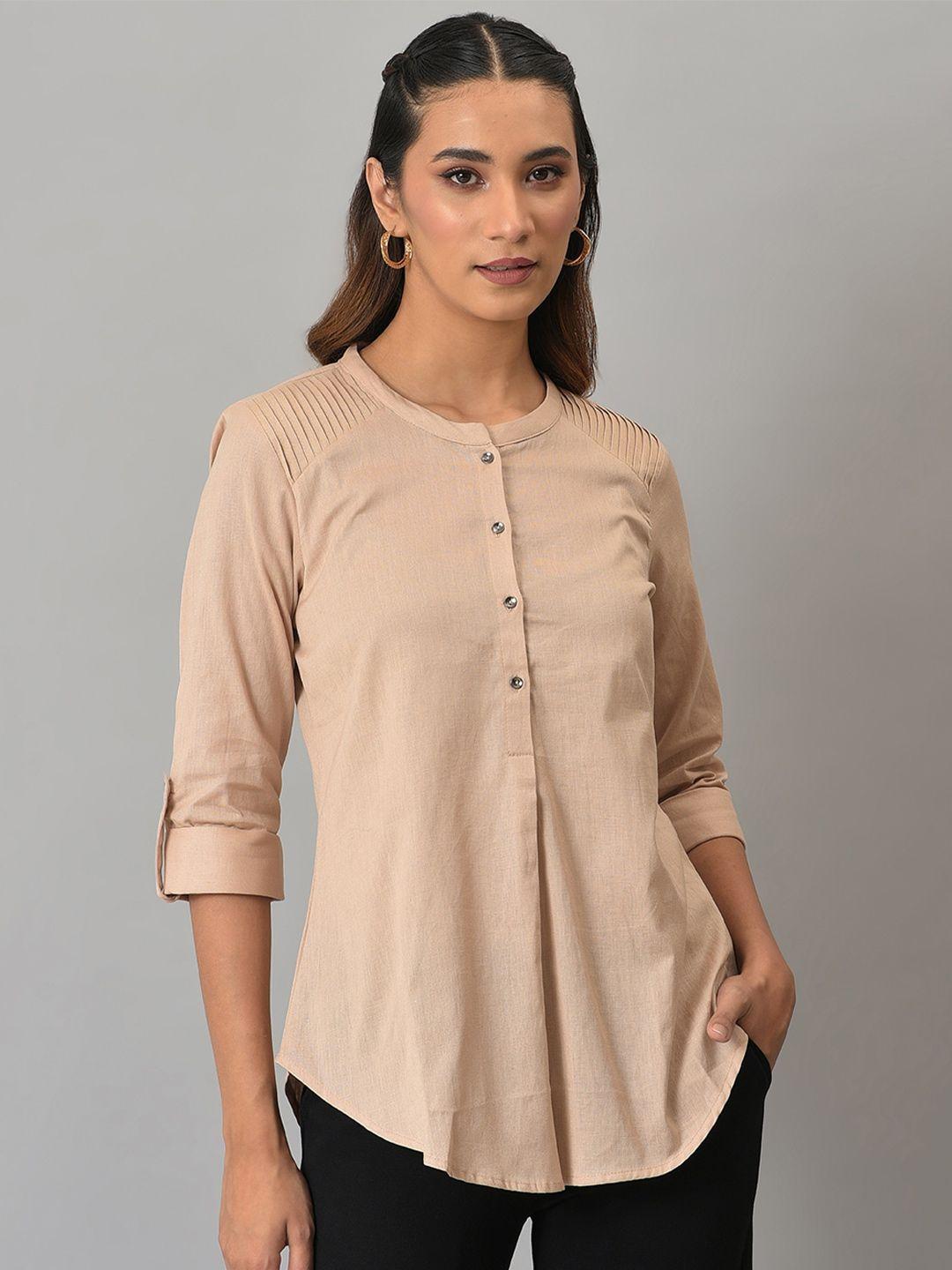 w beige cotton roll-up sleeves top