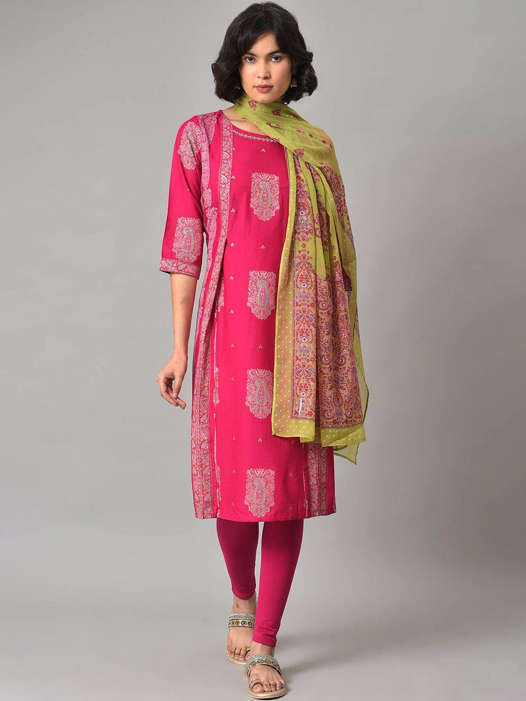 w women paisley printed beads and stones kurta with leggings & dupatta