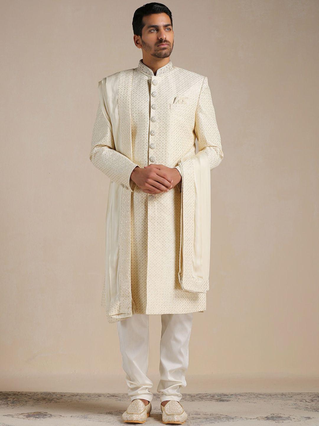 manyavar men self-design art silk full sleeves sherwani set