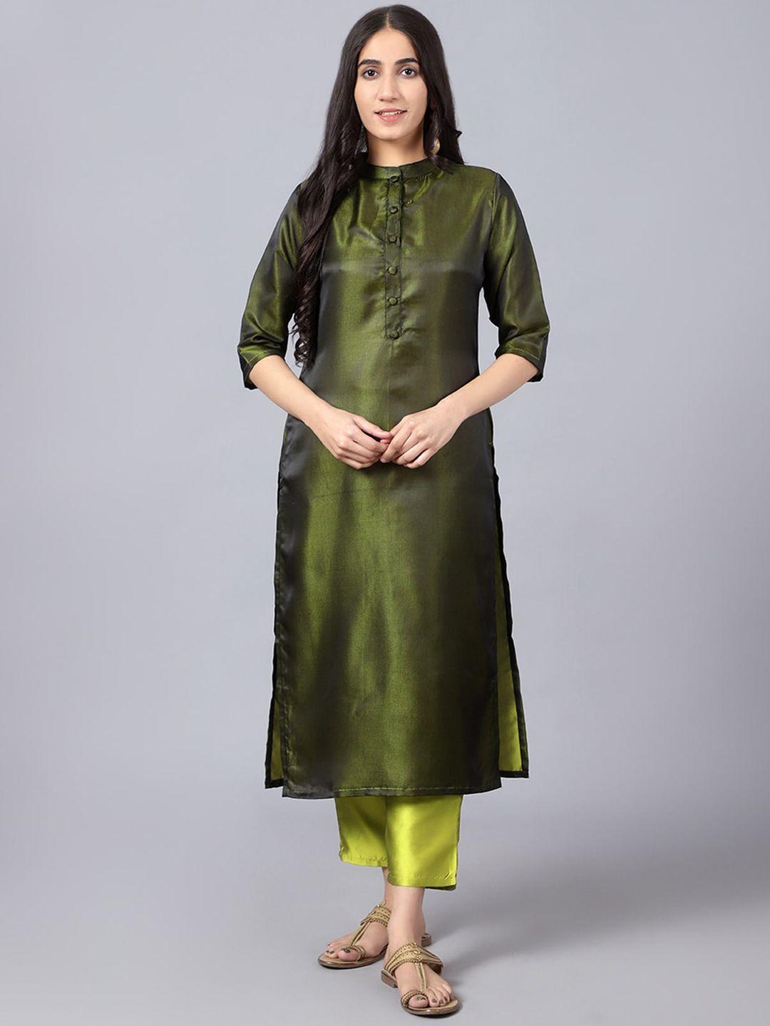 v tradition mandarin collar art silk straight kurta with trousers