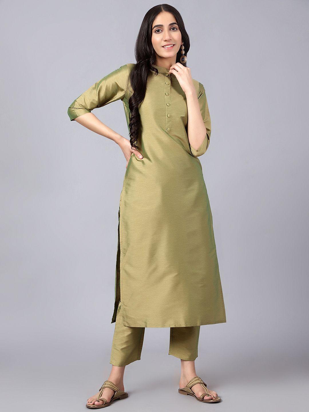 v tradition mandarin collar art silk straight kurta with trousers