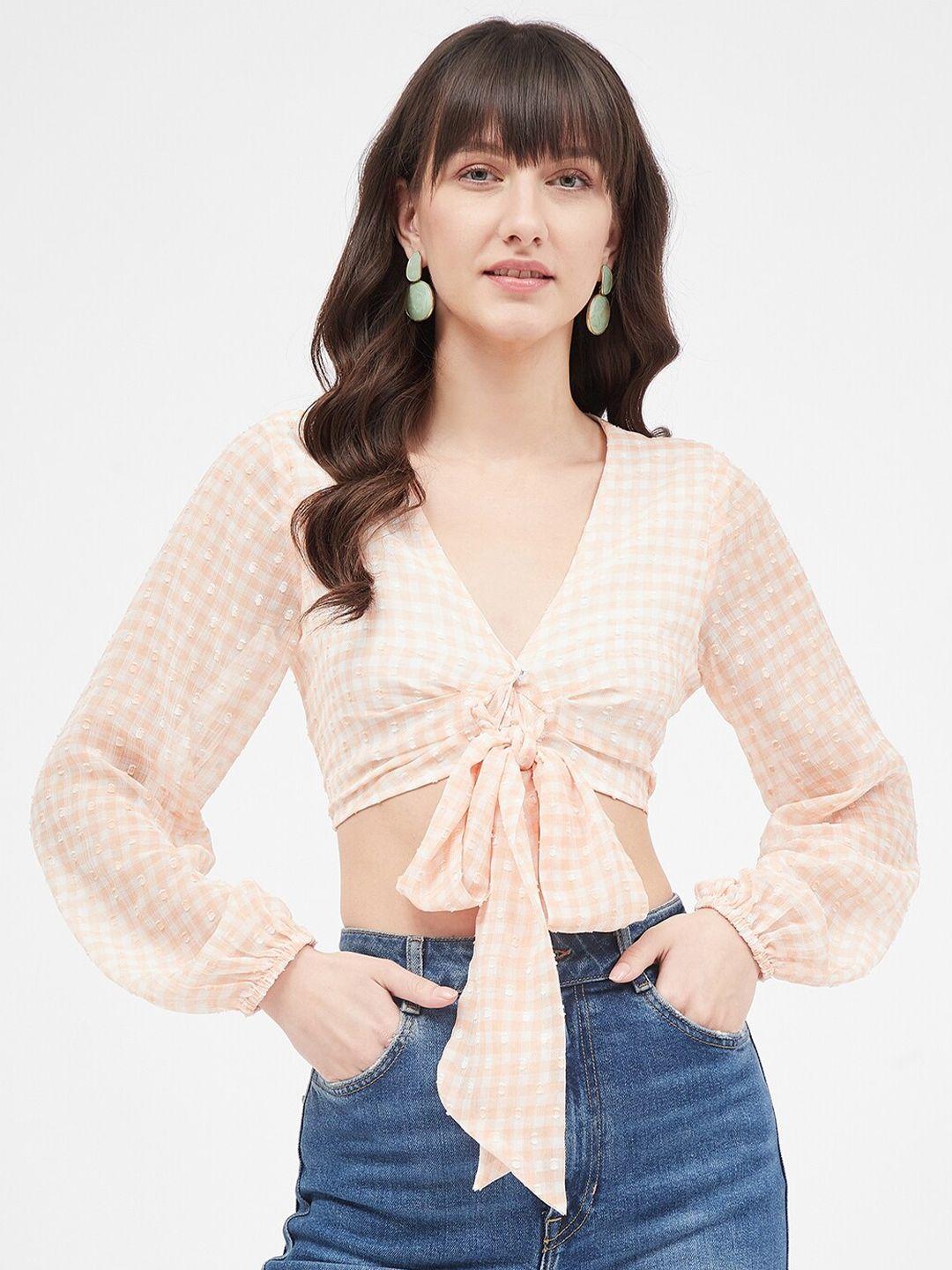 kibo checked chiffon cinched waist crop top