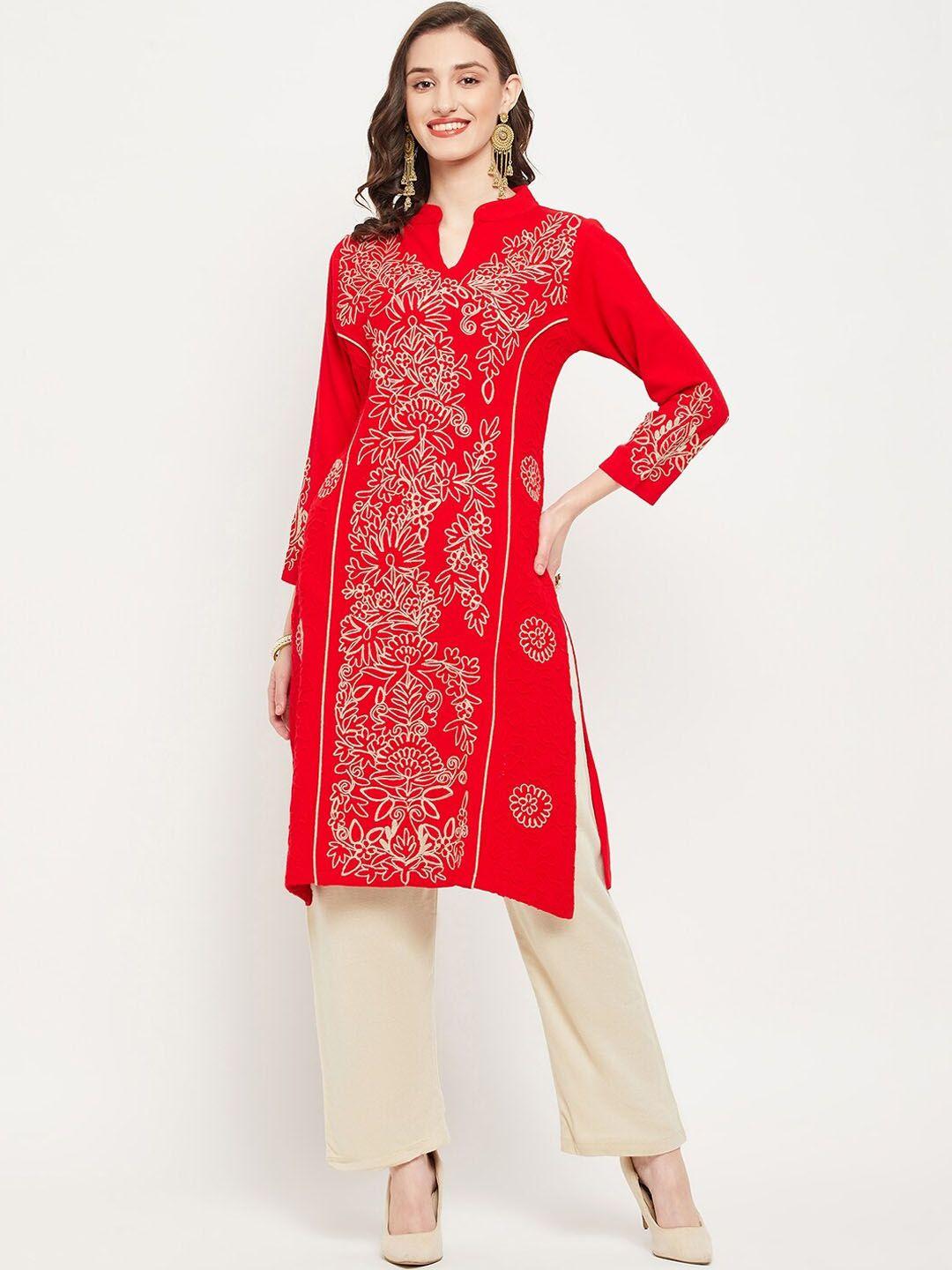 zigo women red floral embroidered thread work kurta with trousers