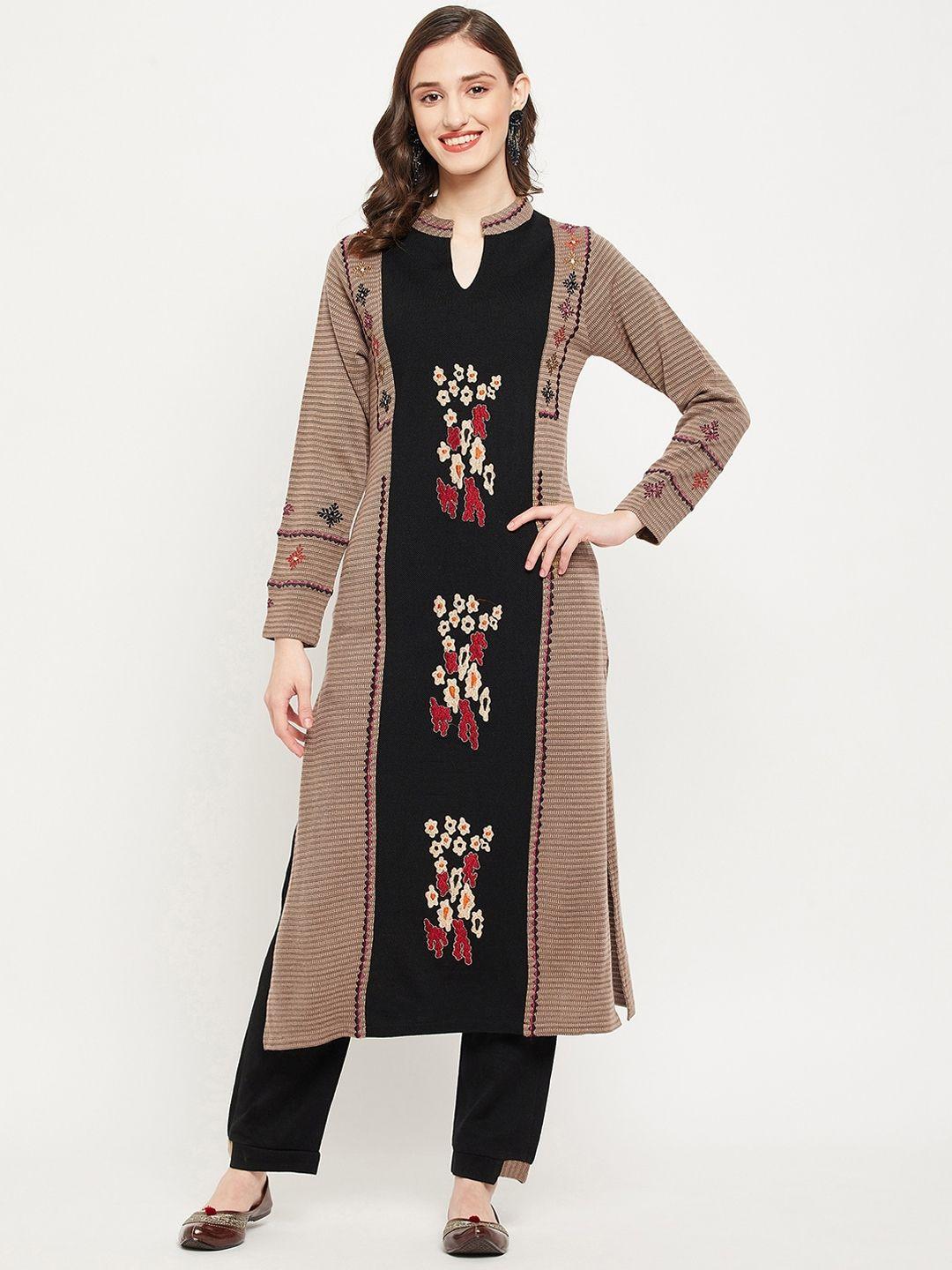 zigo women beige floral embroidered thread work kurta with trousers