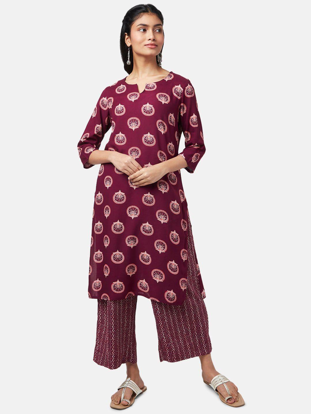 rangmanch by pantaloons ethnic motifs printed round neck kurta with palazzos