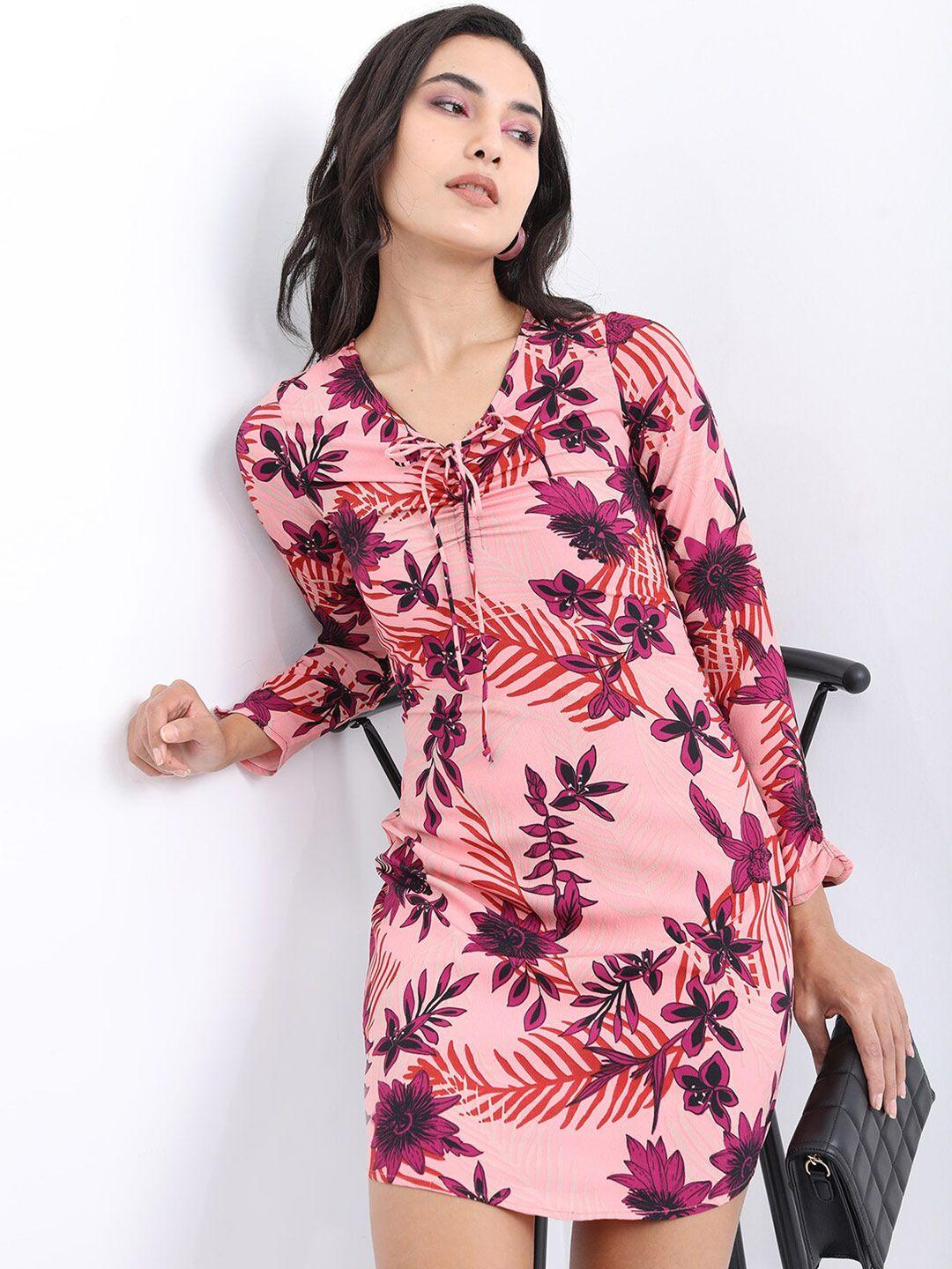 tokyo talkies floral printed tie-up neck sheath mini dress