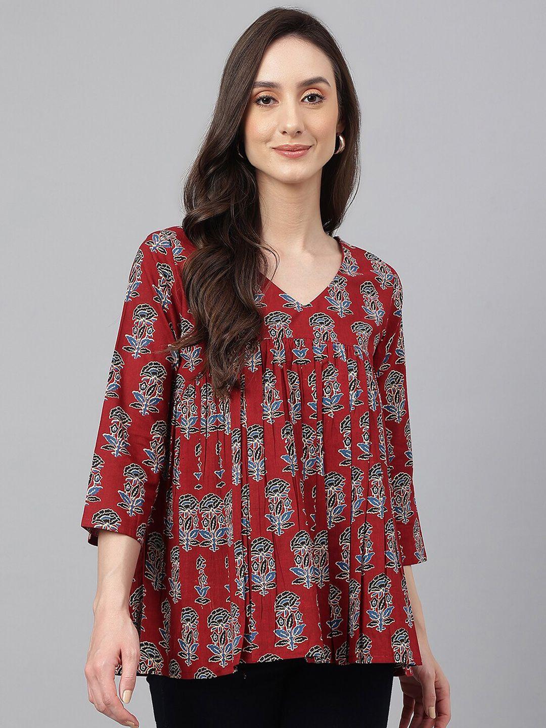 janasya women maroon cotton floral block print flared top