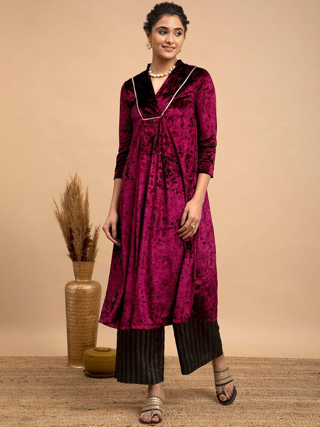 pink fort women burgundy velvet kurta with palazzos