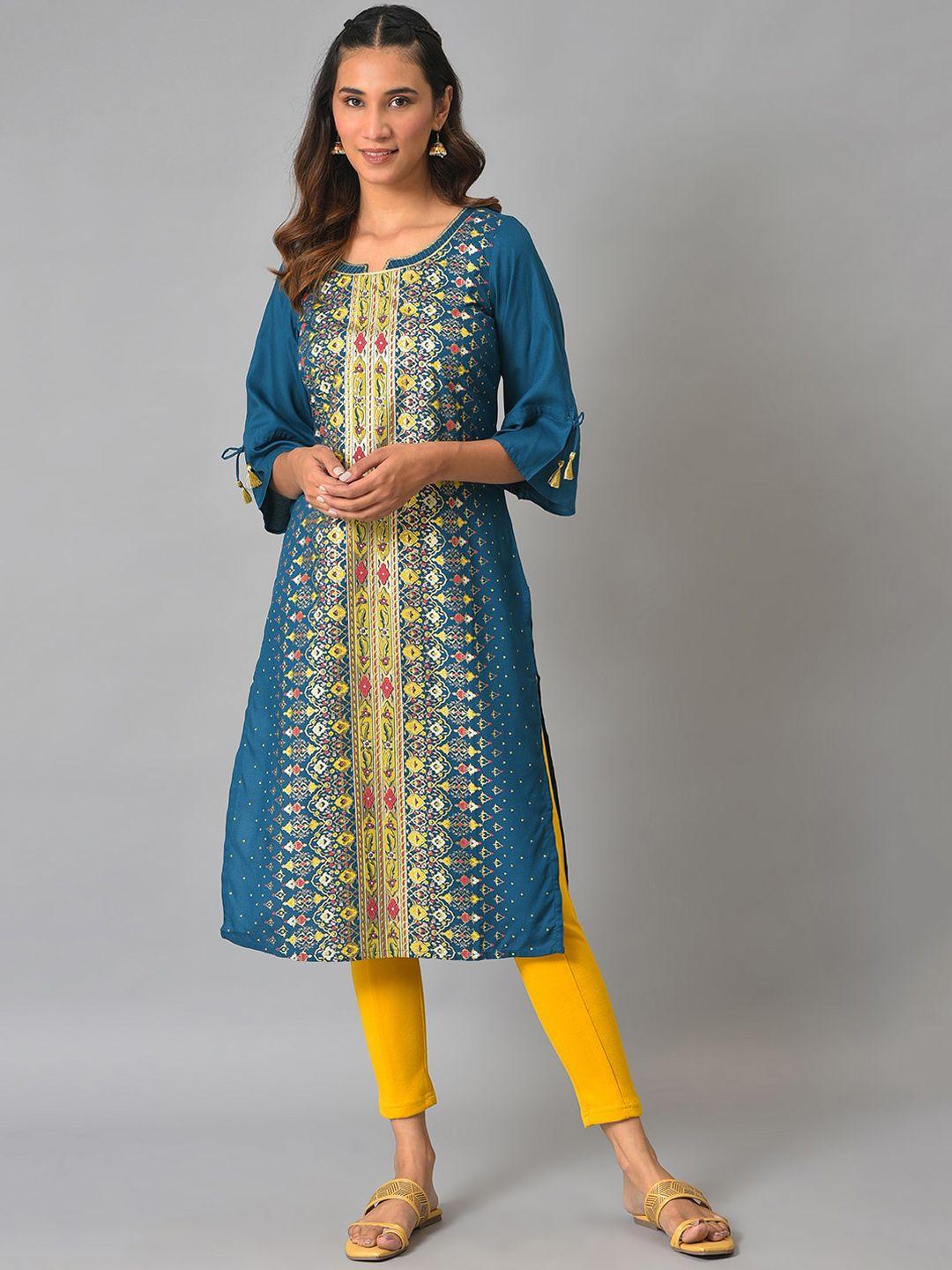 aurelia women blue & yellow ethnic motifs printed kurta