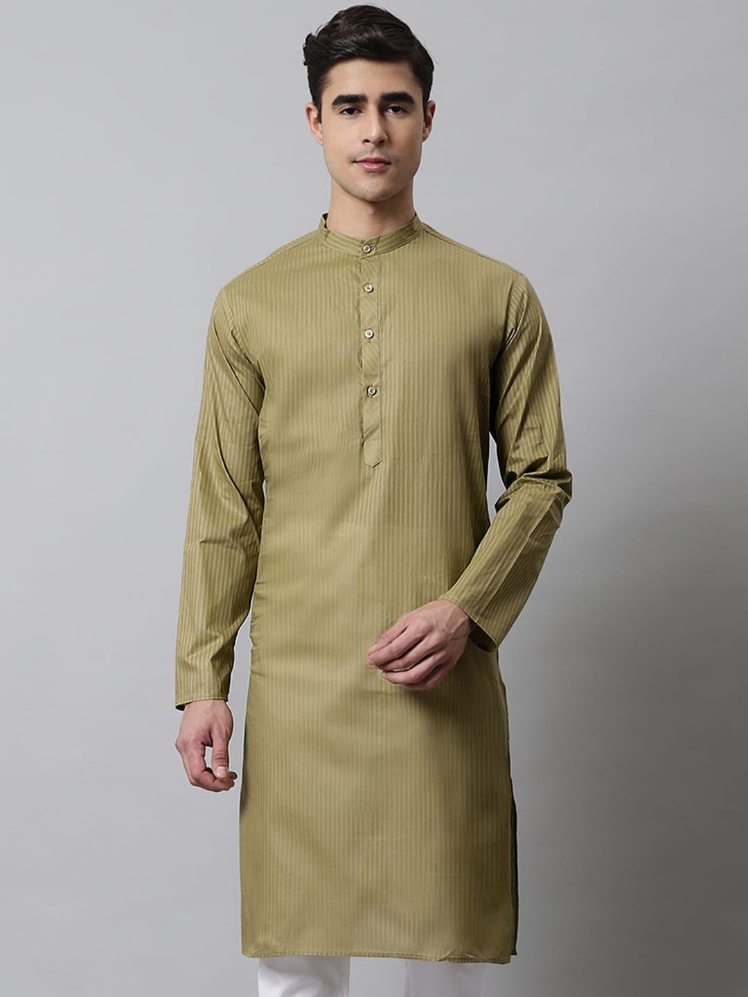 jompers men green striped cotton kurta