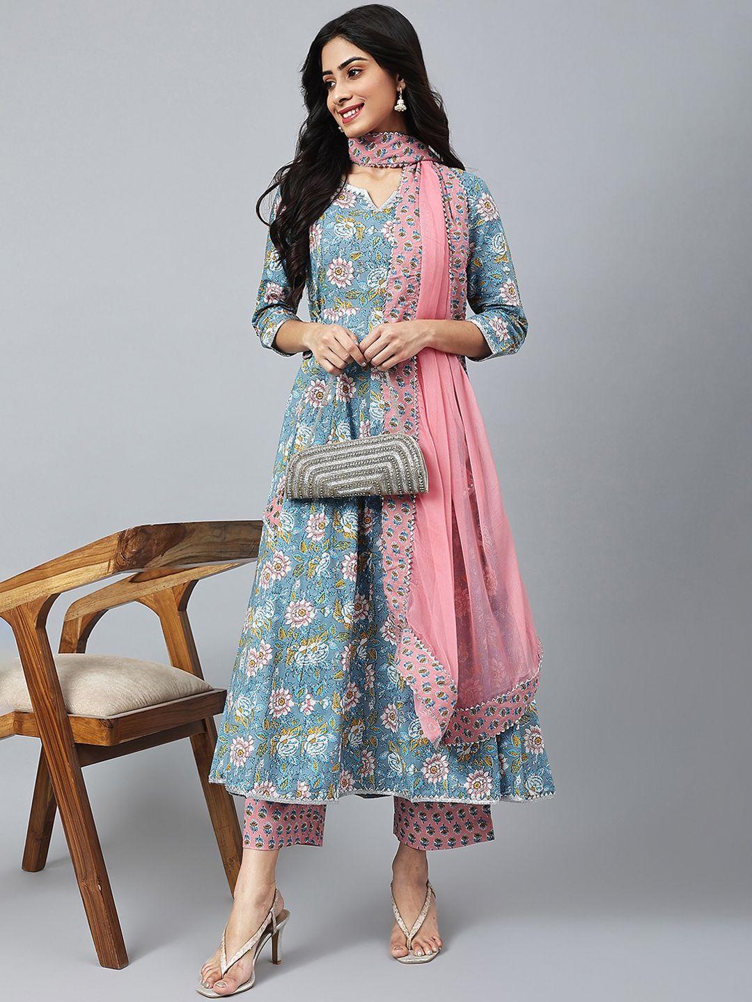 khushal k women floral printed gotta patti pure cotton kurta with palazzos & dupatta