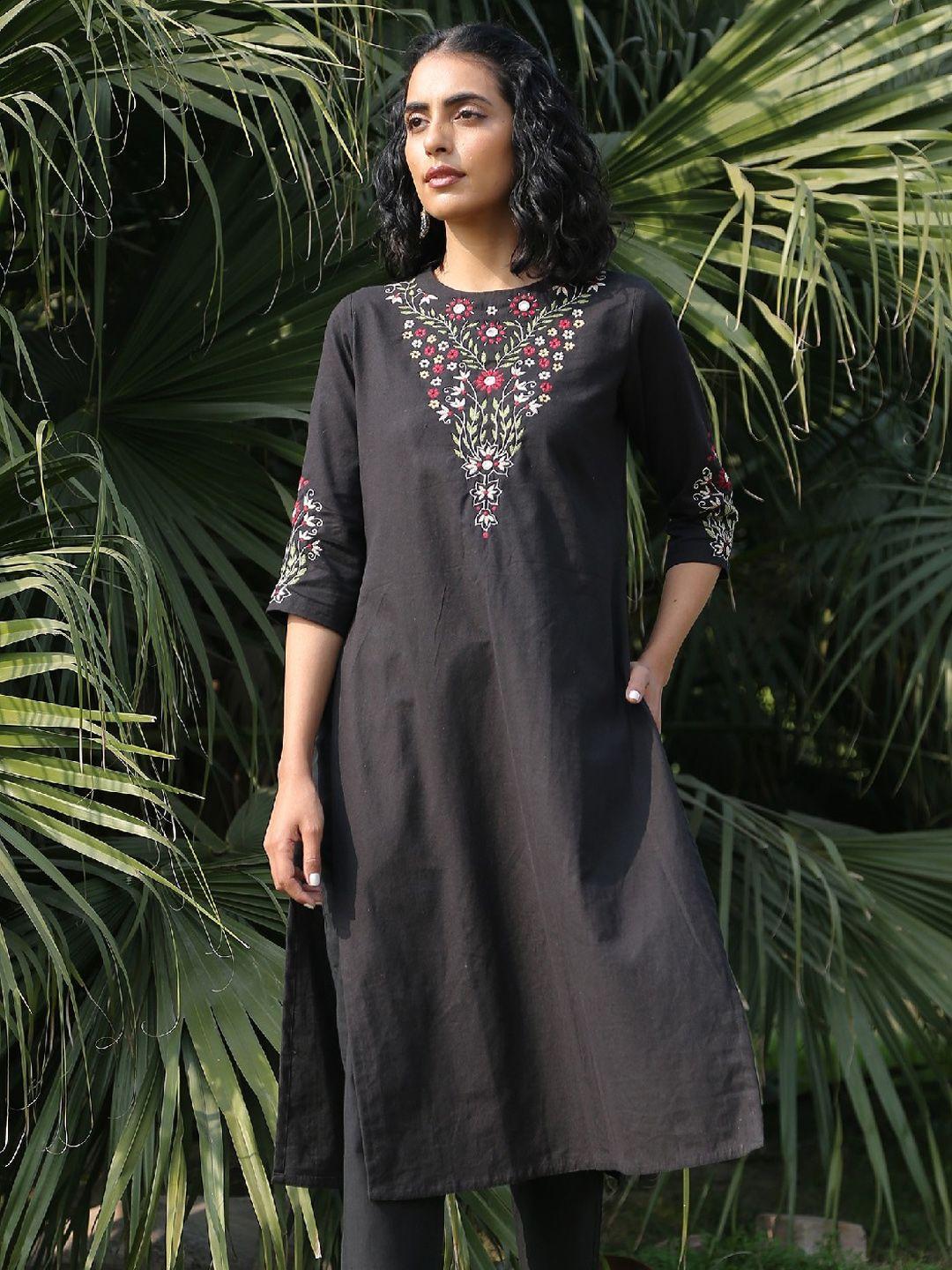 okhai women cotton floral yoke design thread work kurta