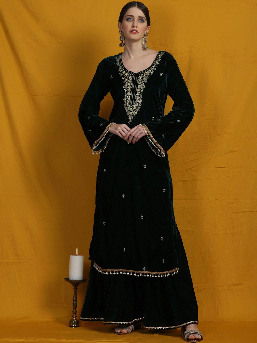 shades women ethnic motifs embroidered velvet kurta with sharara