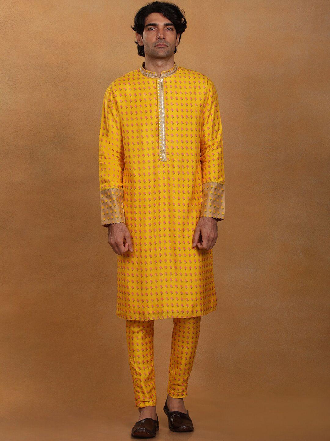 masaba men floral printed raw silk kurta with trousers & with dupatta