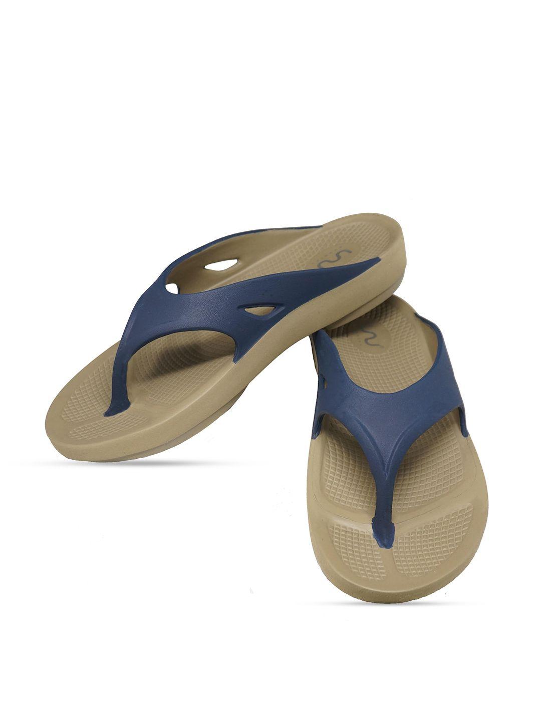 doubleu men khaki & blue rubber thong flip-flops