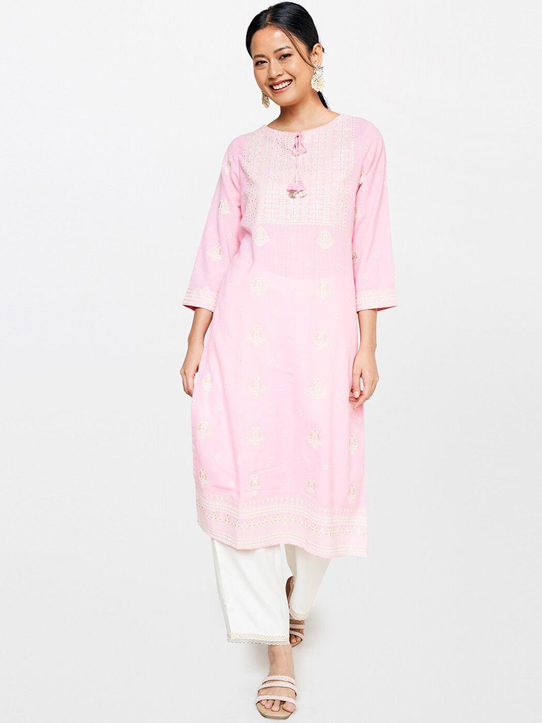 global desi women pink & white ethnic motifs printed kurta