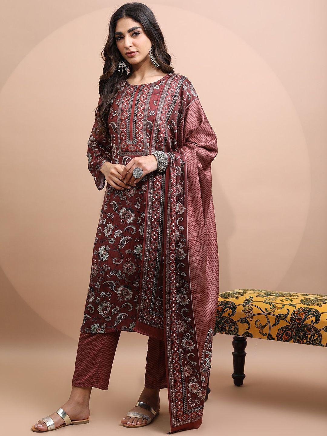 vishudh women faux pashmia floral printed kurta with trousers & dupatta