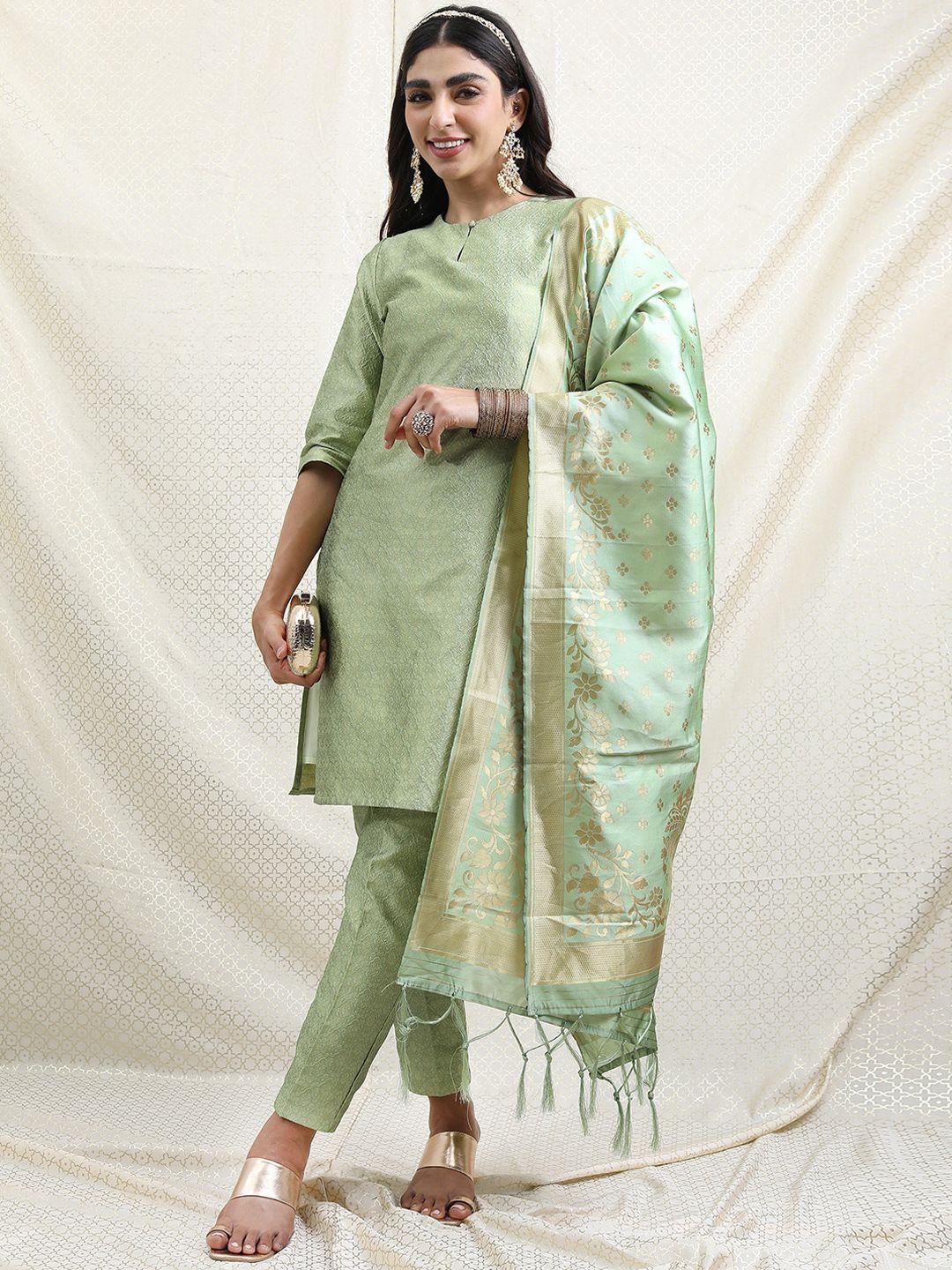 vishudh women green poly brocade ethnic motifs kurta with trousers & dupatta