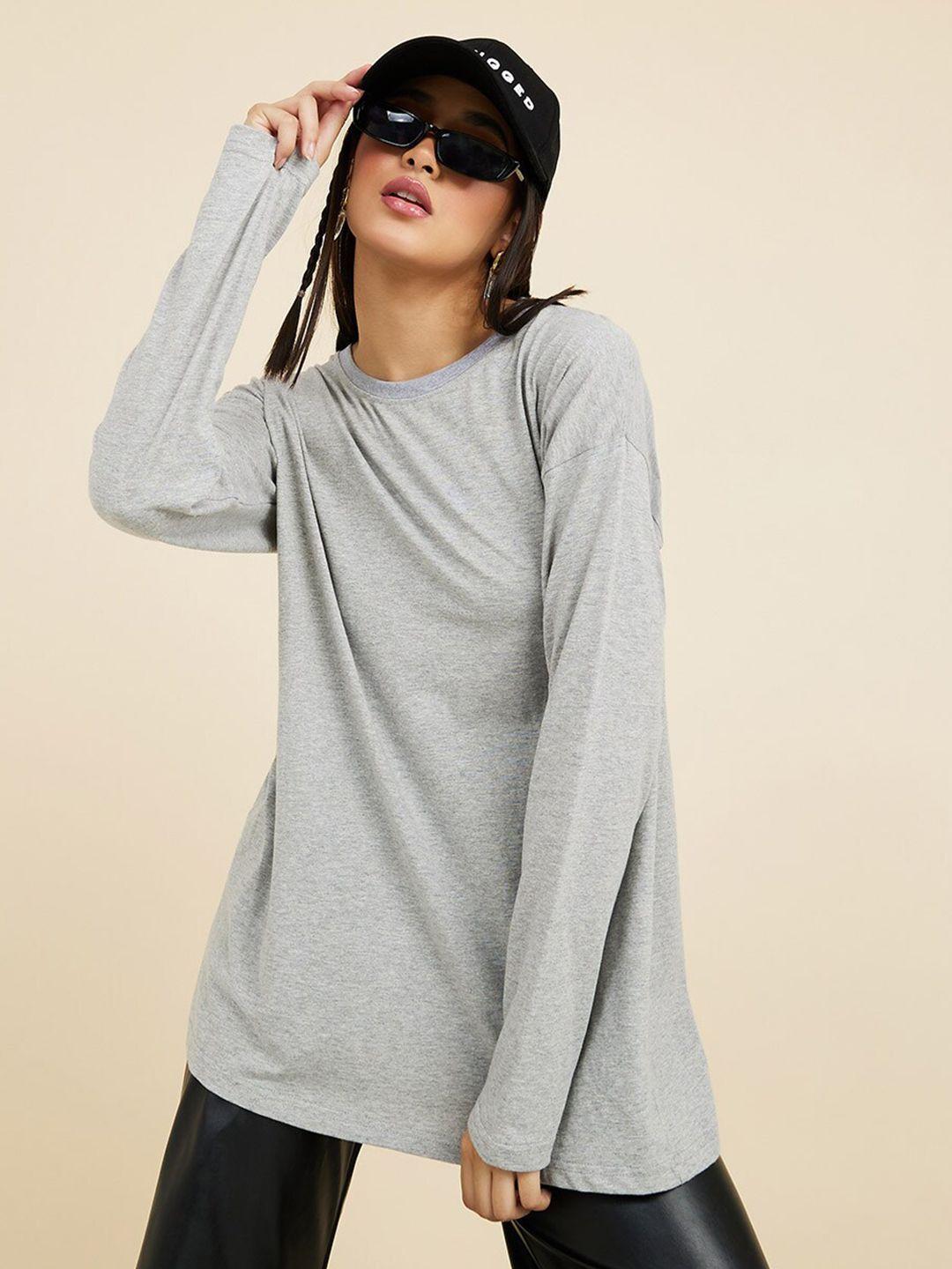 styli women grey henley neck loose cotton t-shirt