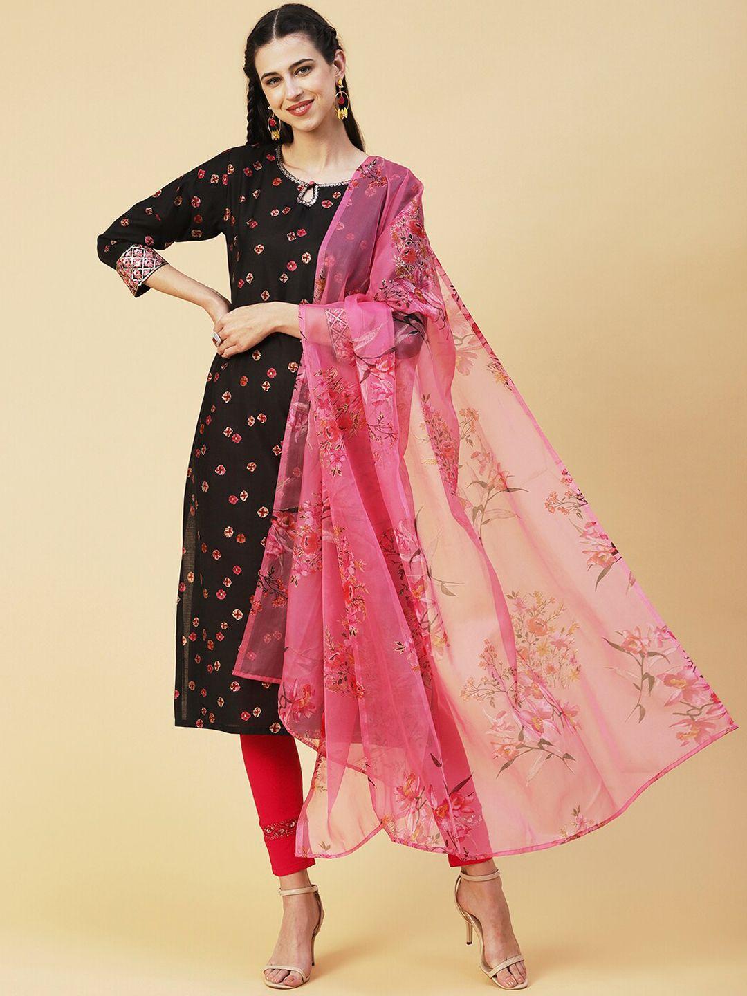 fashor floral printed keyhole neck silk kurta