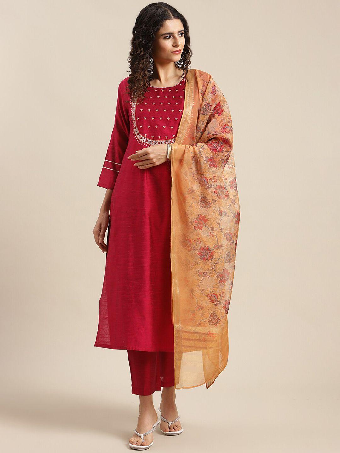 varanga women ethnic motifs yoke design thread work kurta with trousers & with dupatta