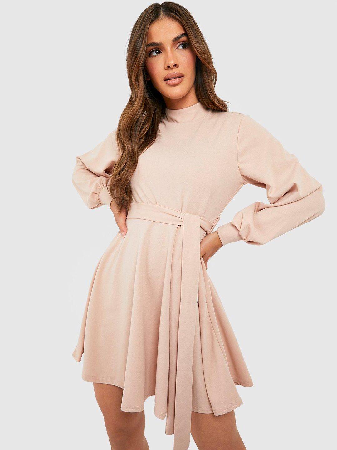 boohoo high neck belted skater dress