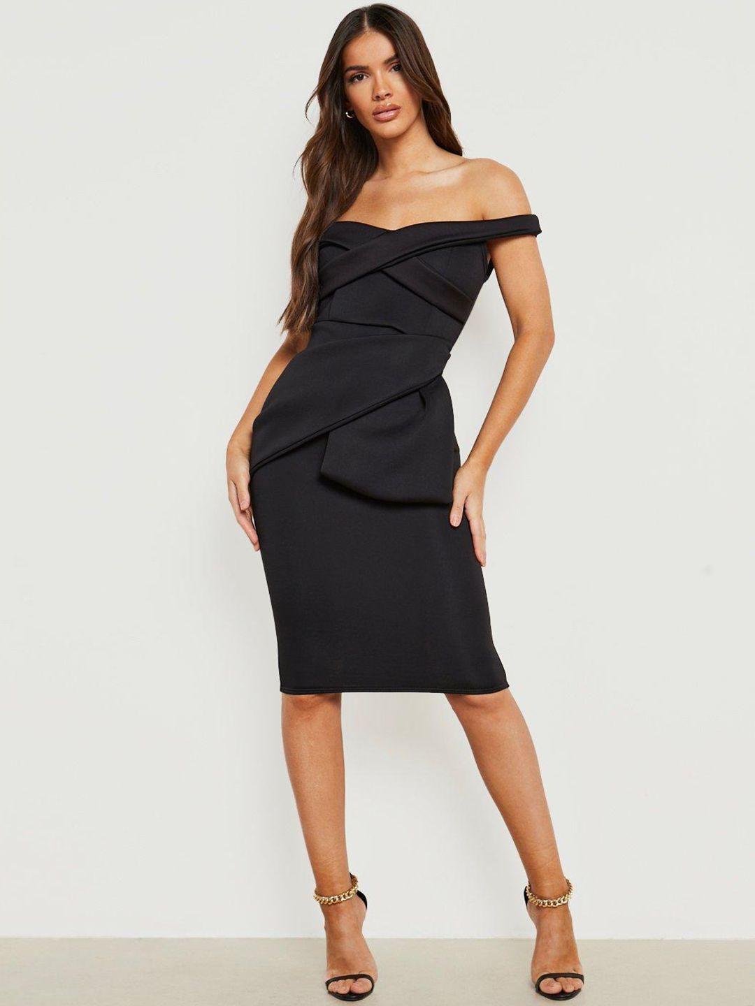 boohoo off-shoulder drape detail sheath dress