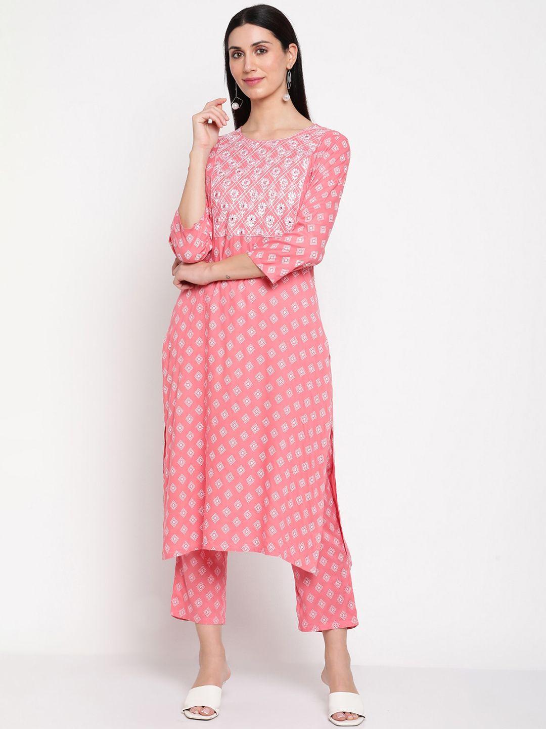 be indi women ethnic motifs printed mirror work kurta with trousers