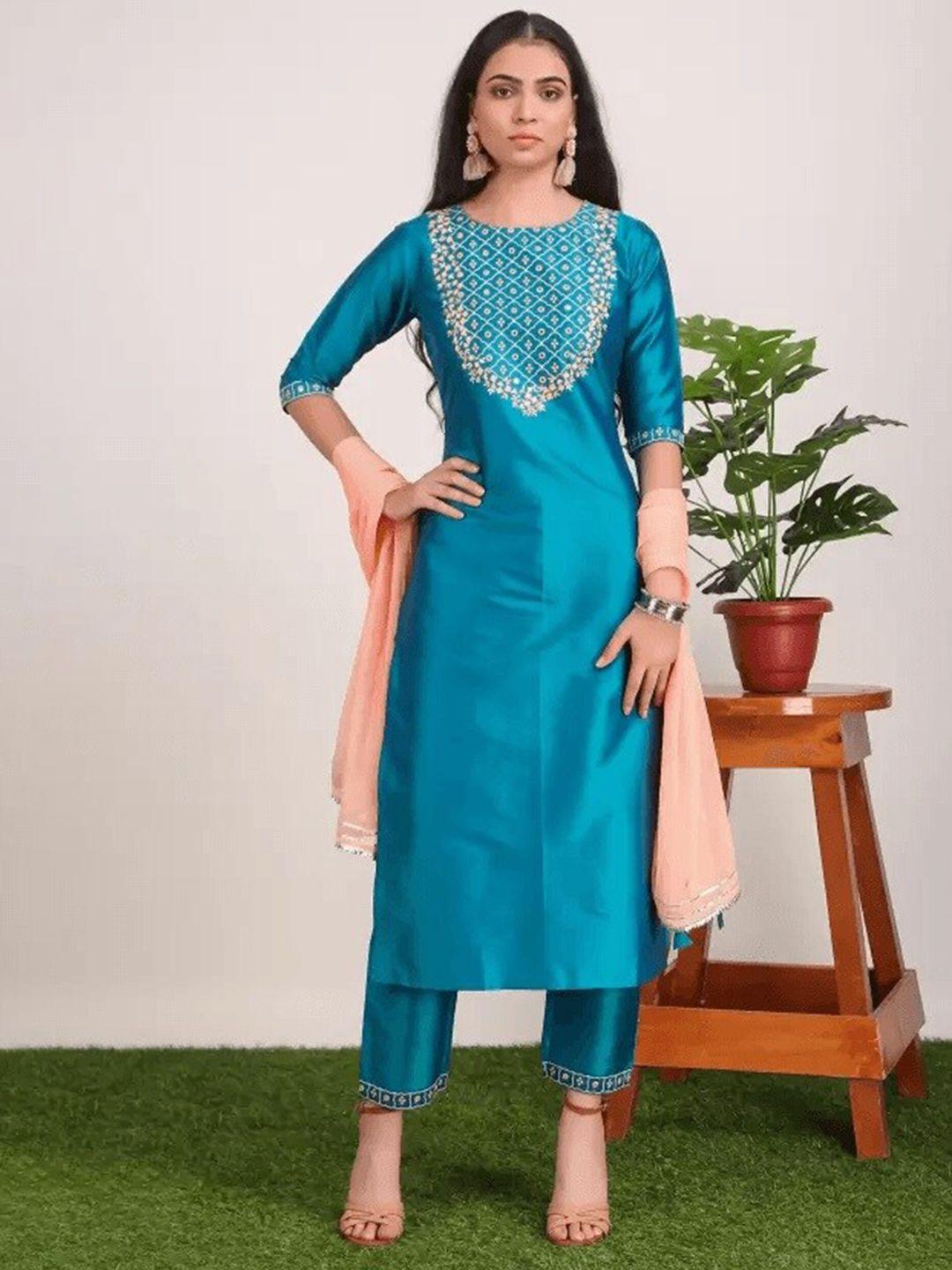 kalini ethnic motifs embroidered mirror work silk kurta with trousers & with dupatta