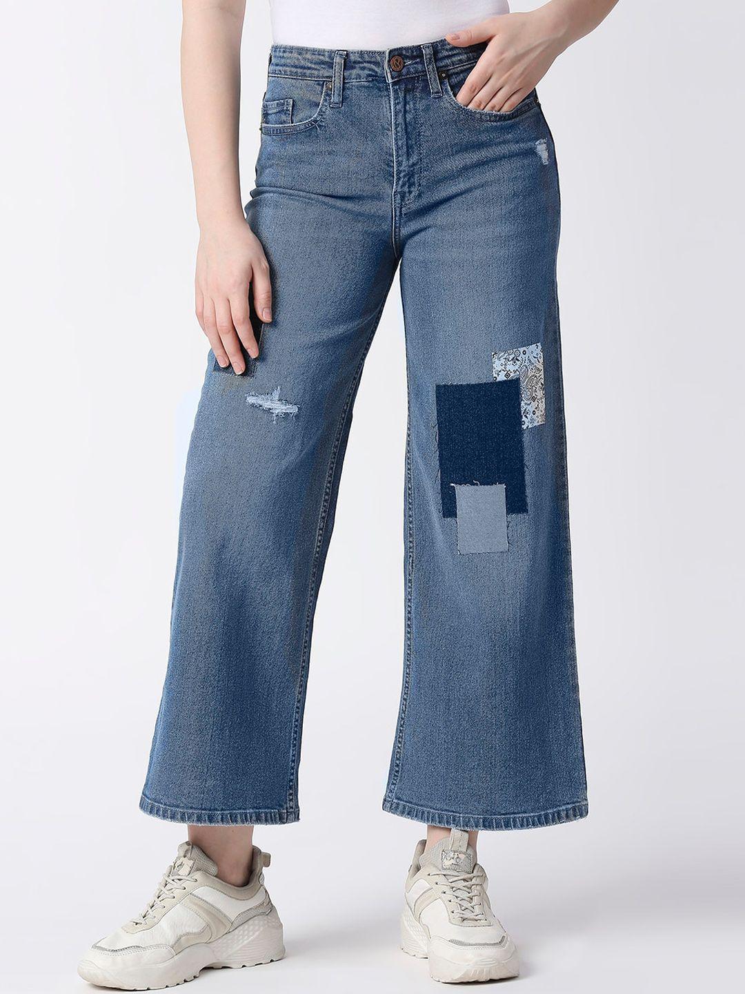 pepe jeans women wide leg high-rise low distress heavy fade applique jeans