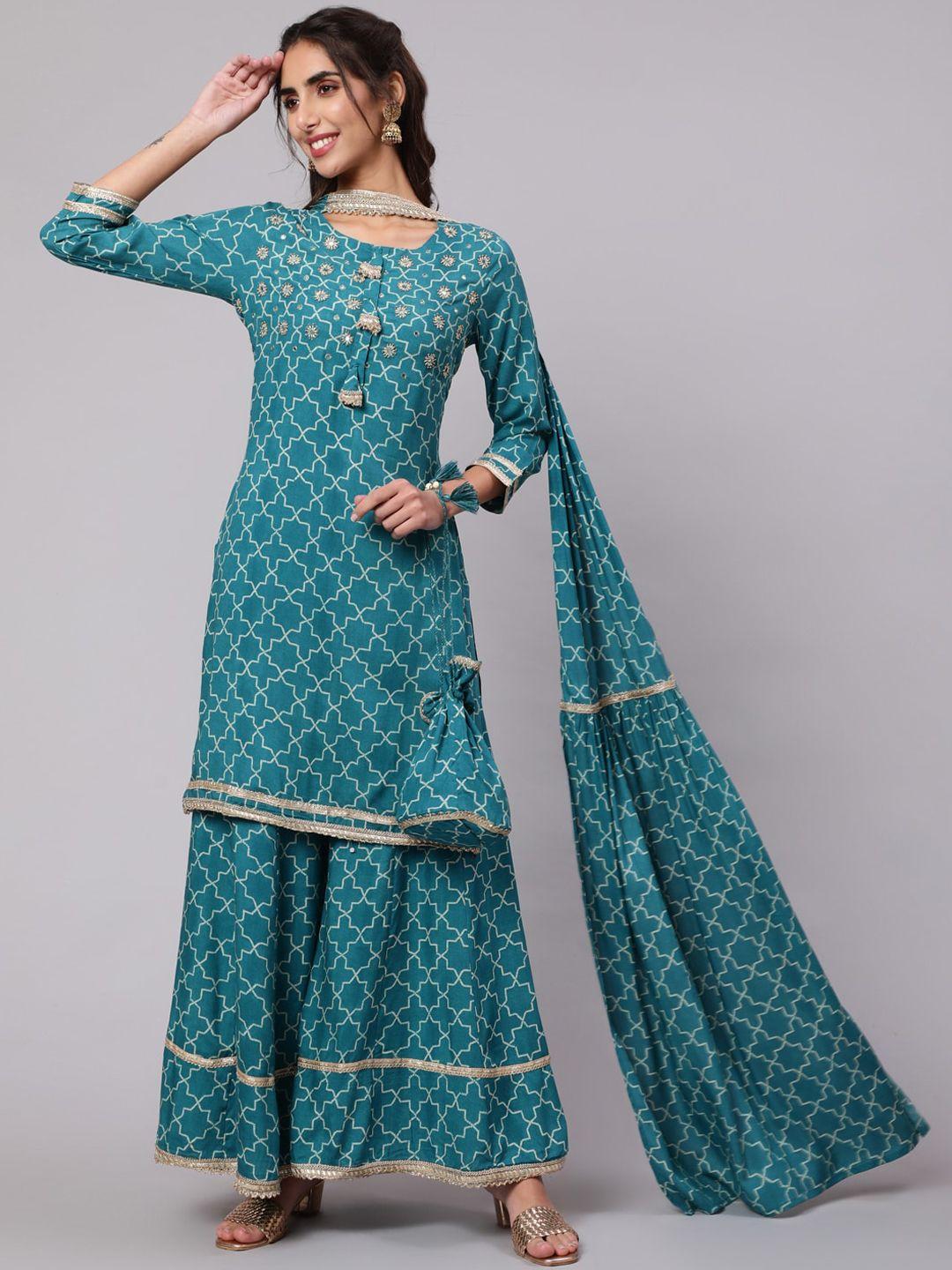 nehamta women printed beads and stones kurta with sharara & with dupatta