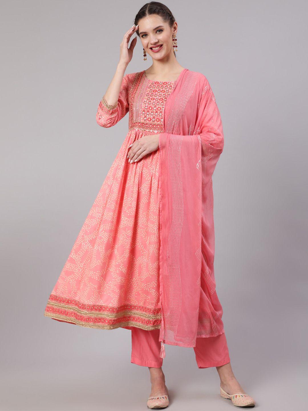 nehamta bandhani embroidered pleated beads and stones kurta with trousers & with dupatta