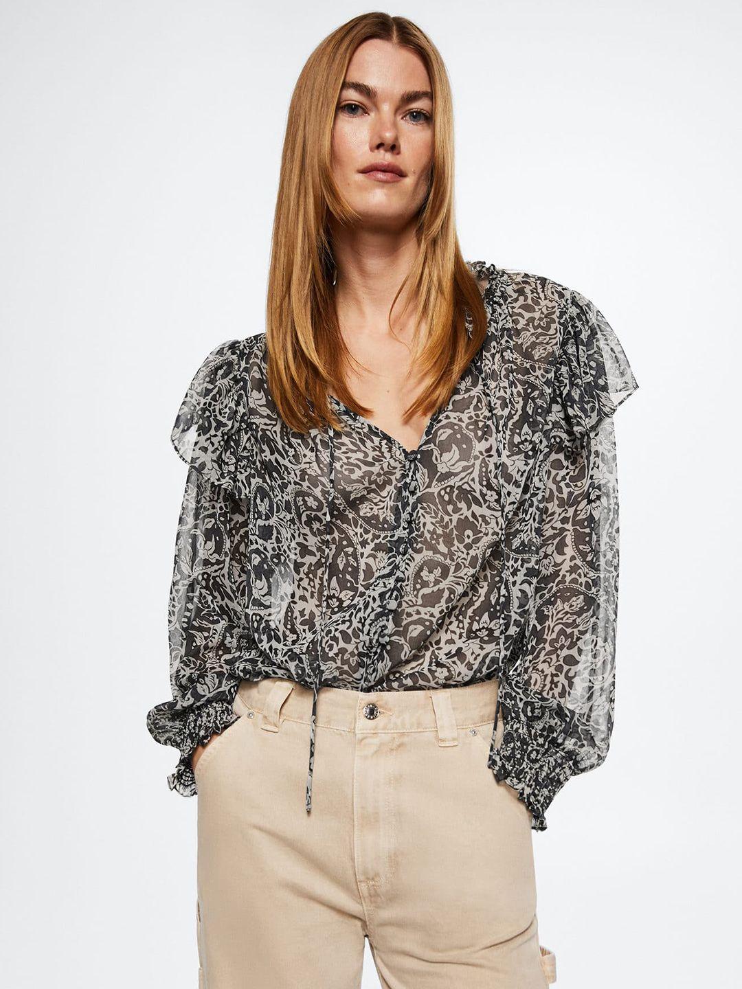 mango ruffles detail scarf print top