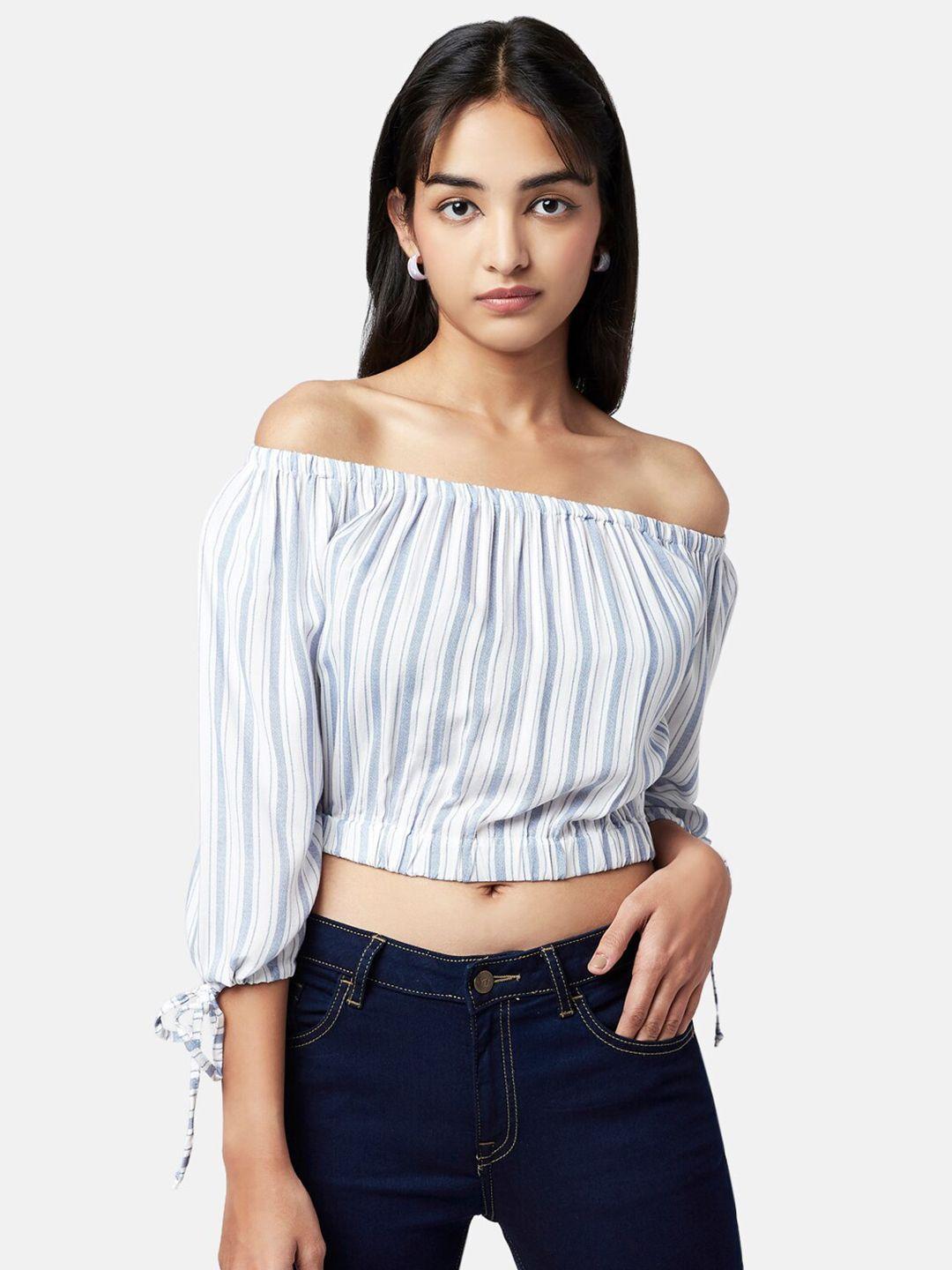 yu by pantaloons striped off-shoulder bardot crop top