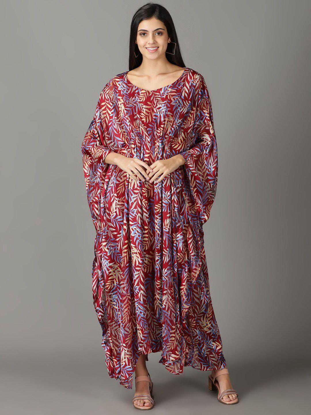 showoff round neck ethnic motifs satin kaftan midi dress