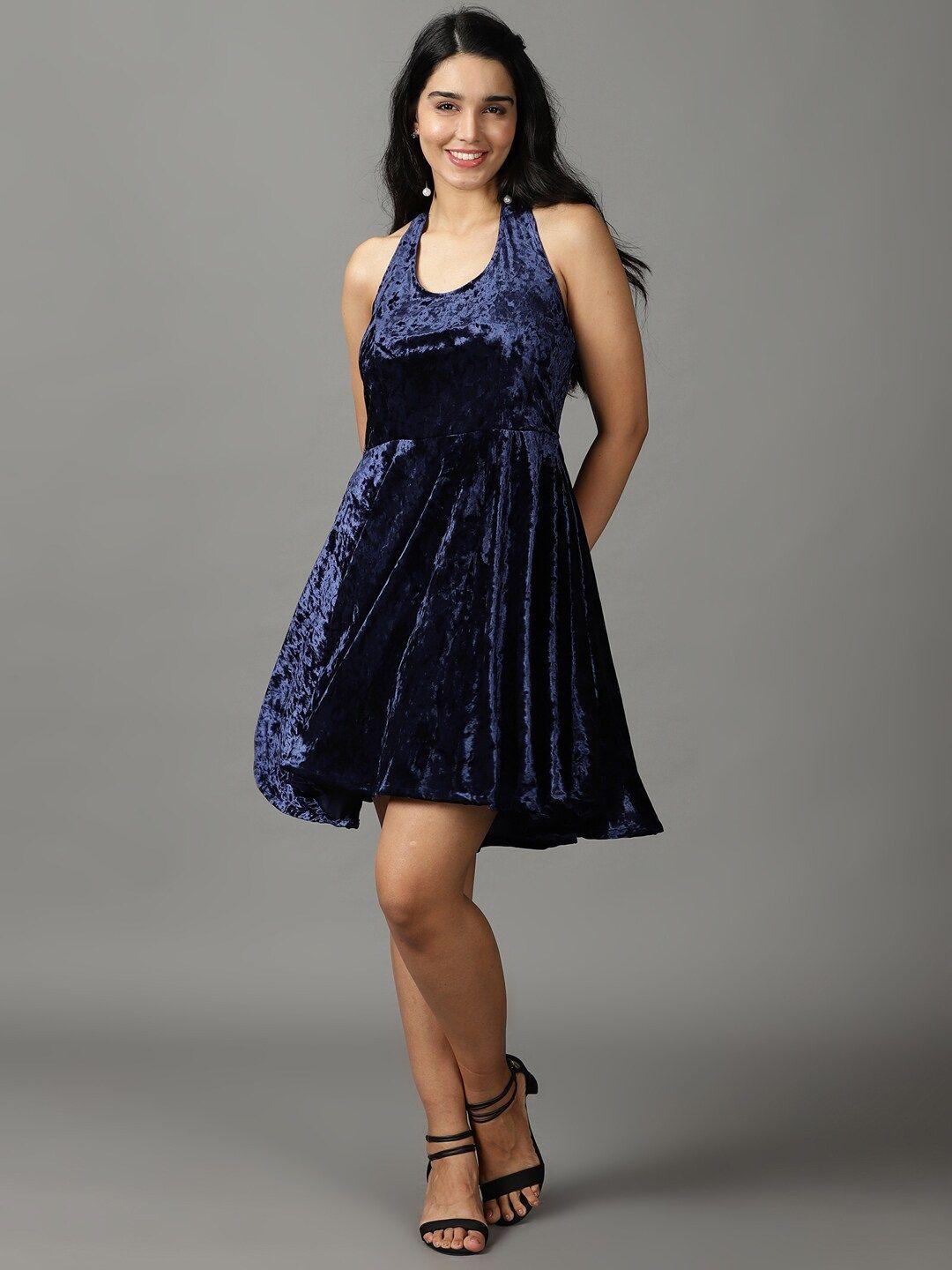 showoff sheen detailed velvet fit & flare dress