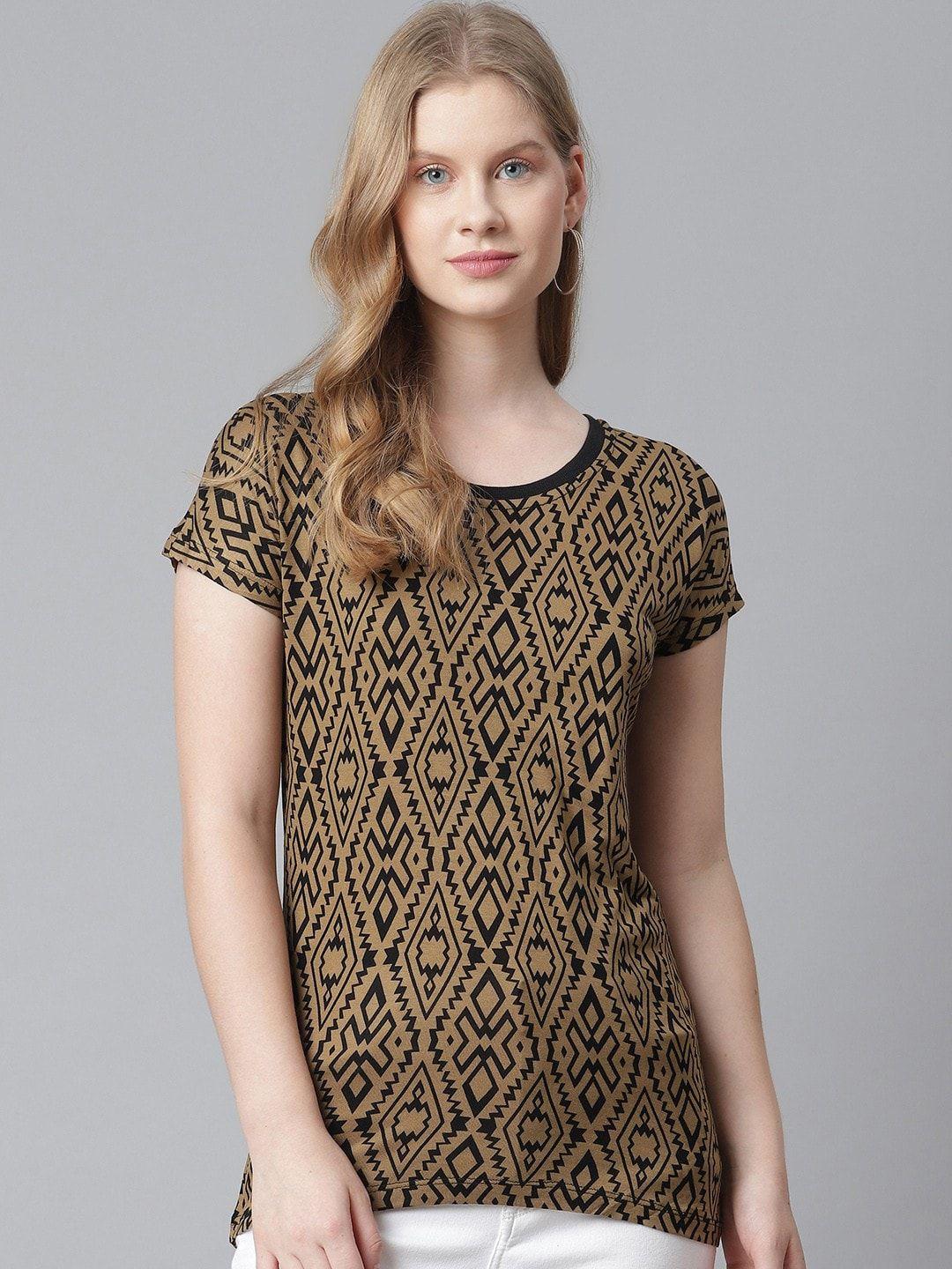 rivi brown geometric printed round neck cotton top