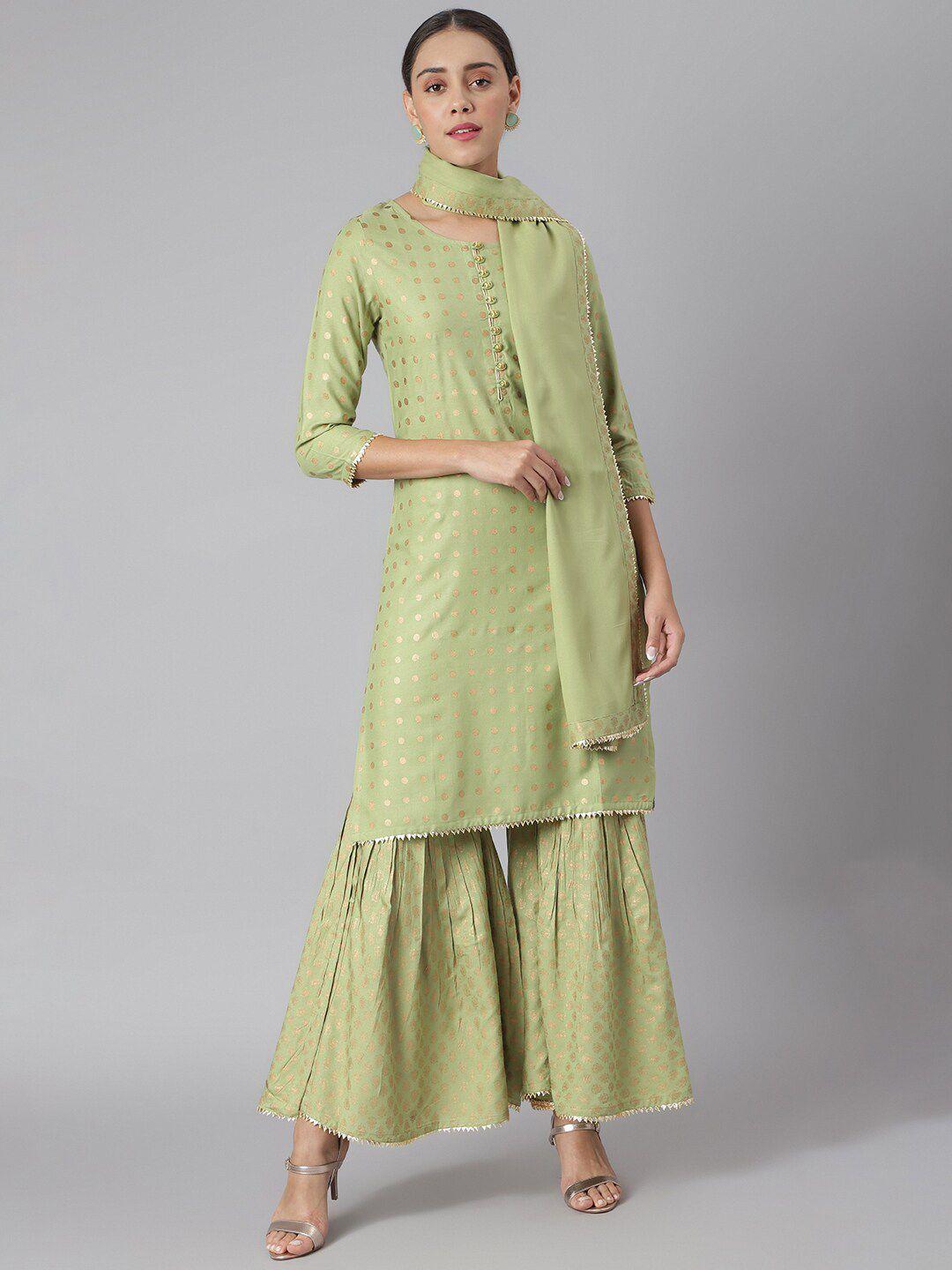 khushal k printed round neck kurta with sharara & dupatta