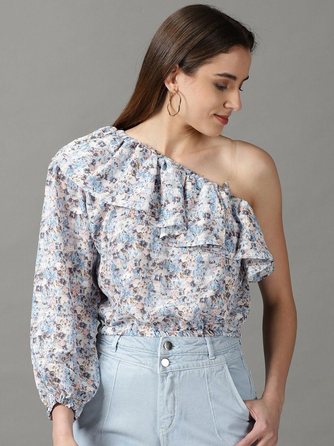 showoff floral print one shoulder ruffles chiffon top