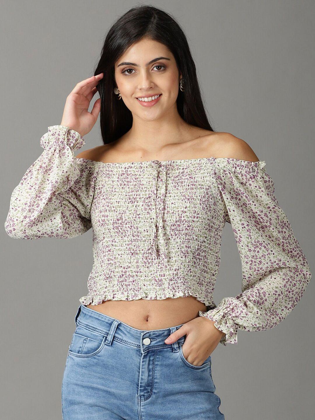 showoff floral print off-shoulder chiffon bardot top