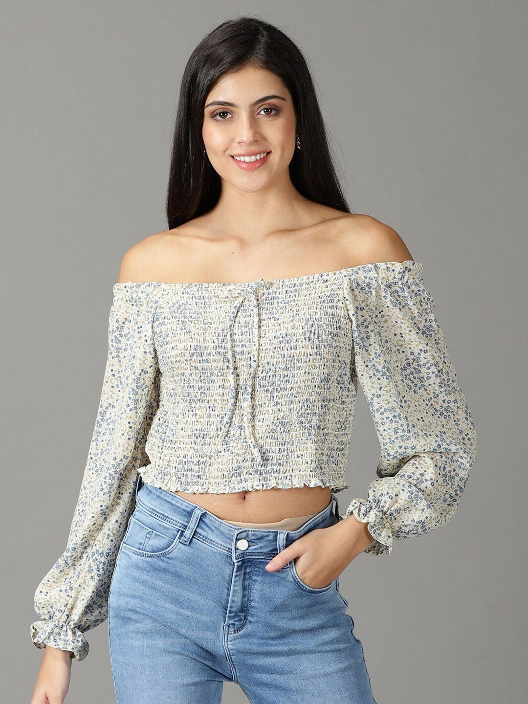 showoff floral print off-shoulder bardot crop top