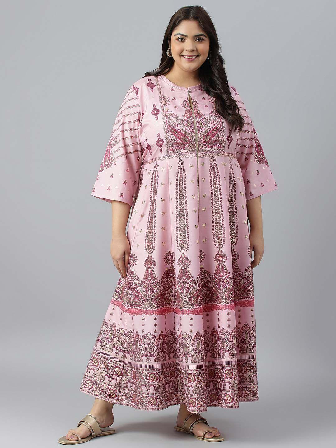 w plus size ethnic motifs printed keyhole neck maxi fit & flare dress