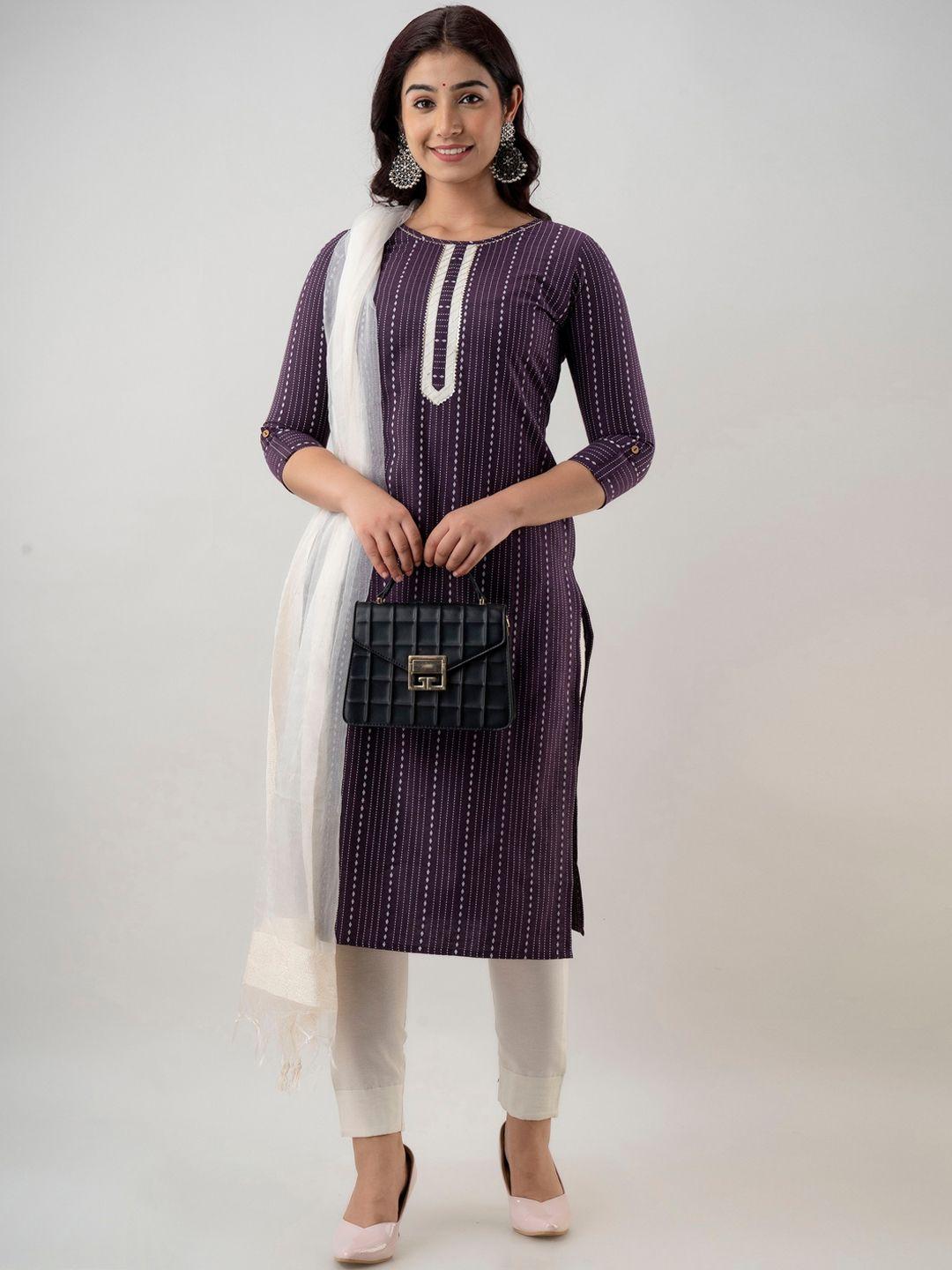 ckm women striped kurta with trousers & with dupatta