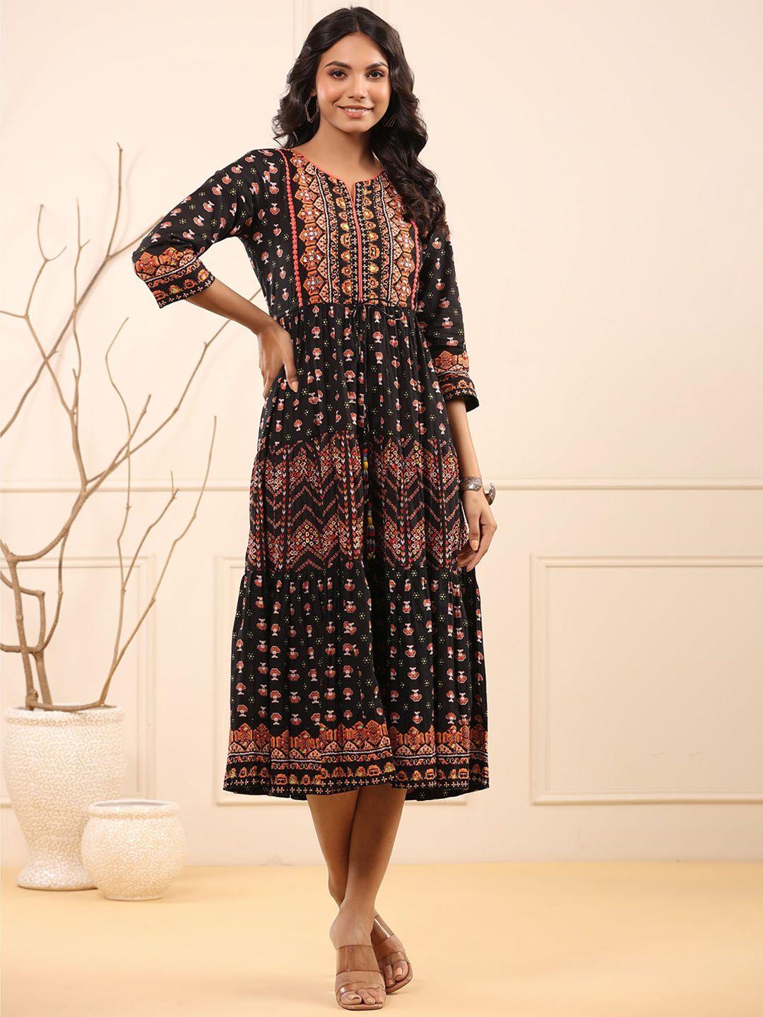 rain & rainbow women black ethnic motifs printed mirror work anarkali kurta